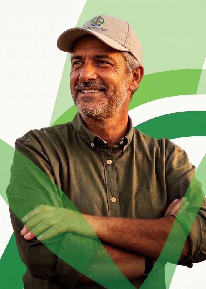 Agricultor associado, de boné da Associação Três Fronteiras e braços cruzados, sobre fundo gráfico em tons de verde